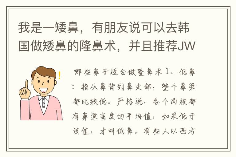 我是一矮鼻，有朋友说可以去韩国做矮鼻的隆鼻术，并且推荐JW整形外科，有听说过的吗